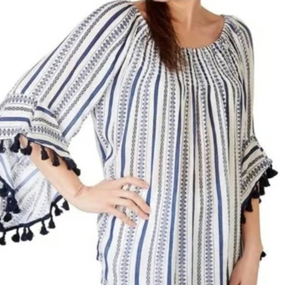 Bohemian STUDIO WEST Blue & White Boho Flowy Bell Sleeves Blouse ~ Plus Size XL